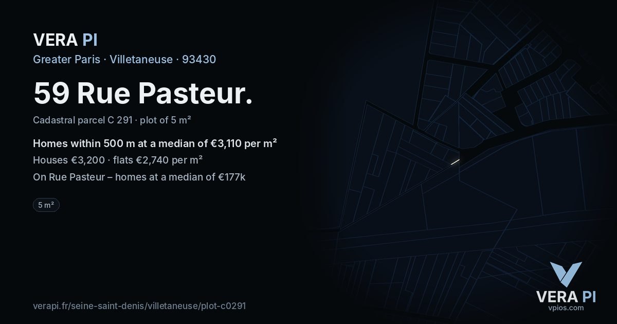 59 Rue Pasteur, Villetaneuse at night – the plot lit, the parcels around coloured by the prices near them