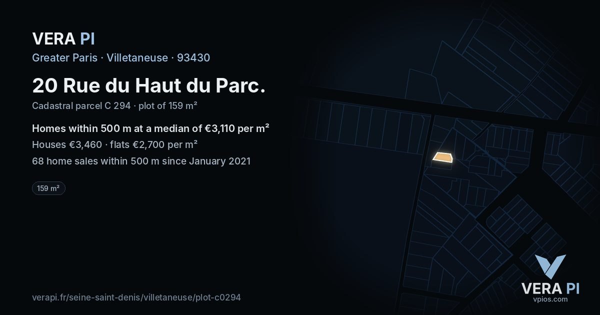 20 Rue du Haut du Parc, Villetaneuse at night – the plot lit, the parcels around coloured by the prices near them