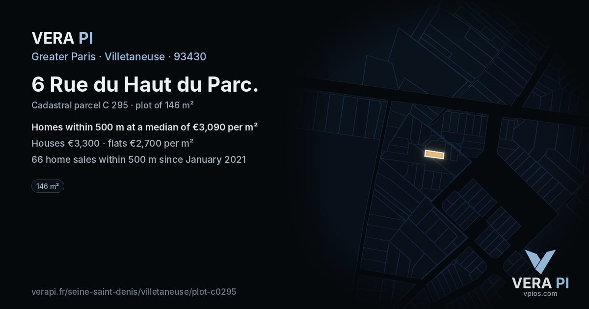 6 Rue du Haut du Parc, Villetaneuse at night – the plot lit, the parcels around coloured by the prices near them