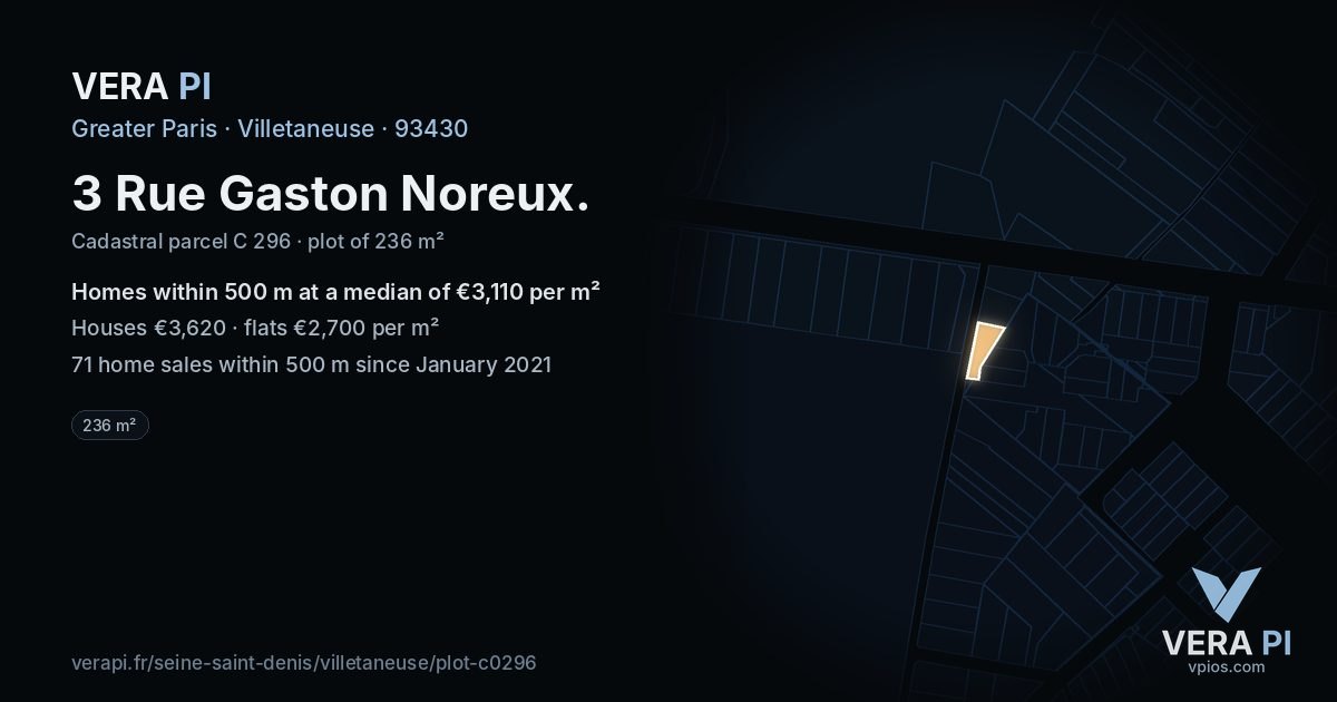 3 Rue Gaston Noreux, Villetaneuse at night – the plot lit, the parcels around coloured by the prices near them