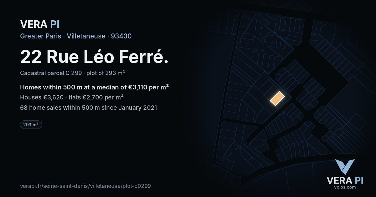 22 Rue Léo Ferré, Villetaneuse at night – the plot lit, the parcels around coloured by the prices near them