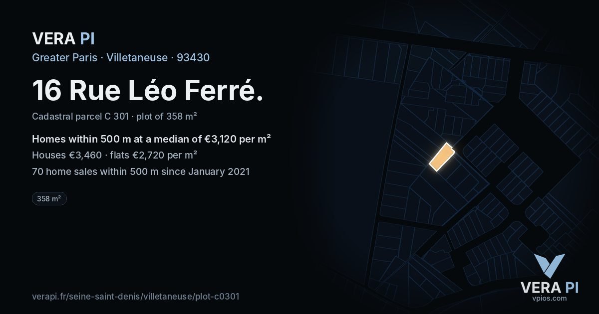16 Rue Léo Ferré, Villetaneuse at night – the plot lit, the parcels around coloured by the prices near them