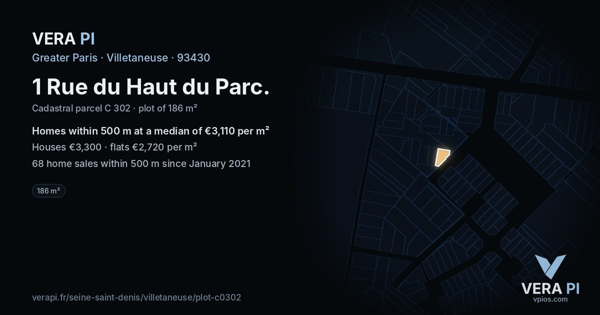 1 Rue du Haut du Parc, Villetaneuse at night – the plot lit, the parcels around coloured by the prices near them