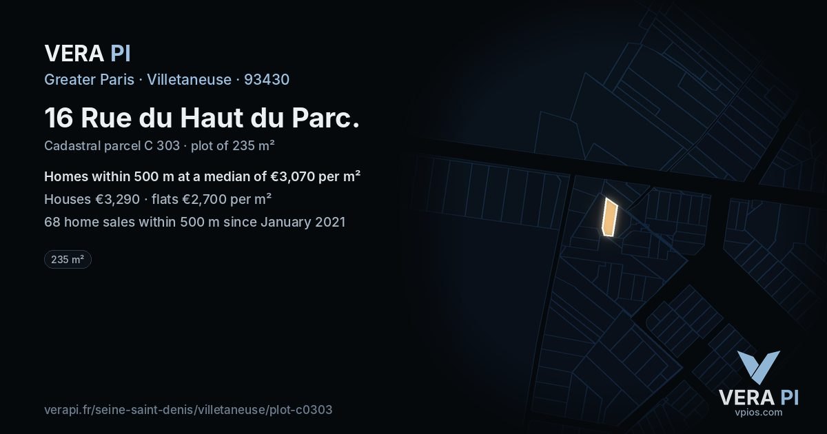 16 Rue du Haut du Parc, Villetaneuse at night – the plot lit, the parcels around coloured by the prices near them