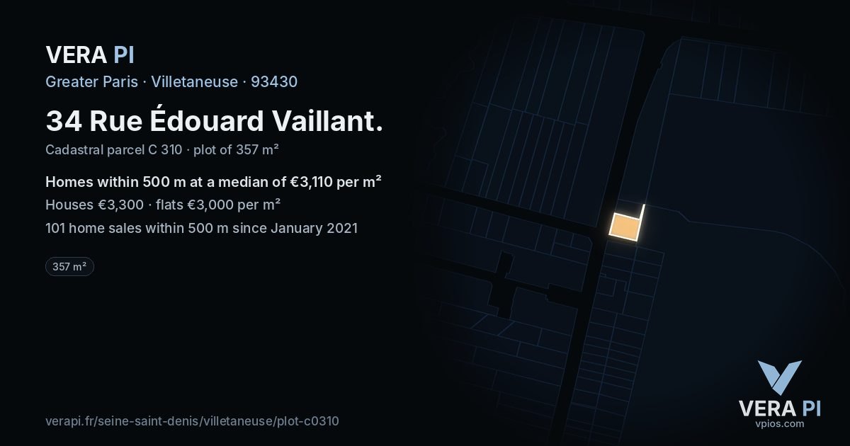 34 Rue Édouard Vaillant, Villetaneuse at night – the plot lit, the parcels around coloured by the prices near them