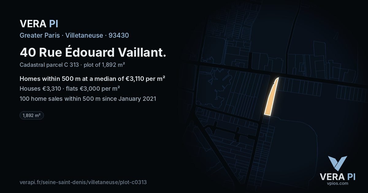 40 Rue Édouard Vaillant, Villetaneuse at night – the plot lit, the parcels around coloured by the prices near them