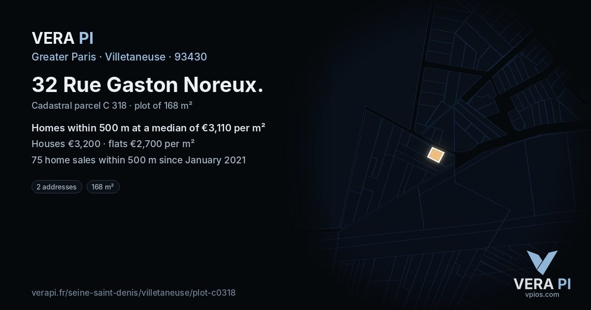 32 Rue Gaston Noreux, Villetaneuse at night – the plot lit, the parcels around coloured by the prices near them