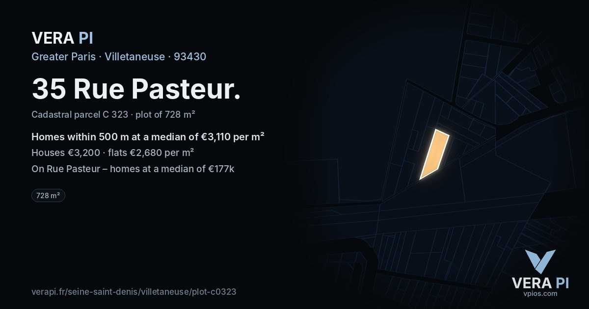 35 Rue Pasteur, Villetaneuse at night – the plot lit, the parcels around coloured by the prices near them