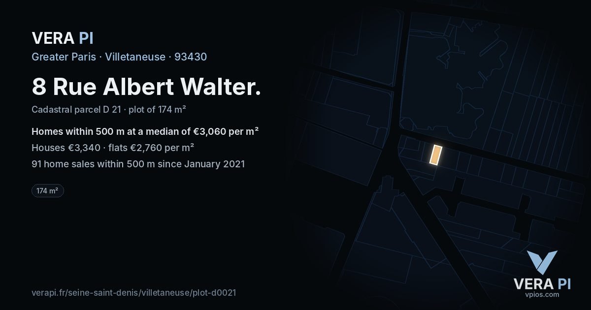 8 Rue Albert Walter, Villetaneuse at night – the plot lit, the parcels around coloured by the prices near them