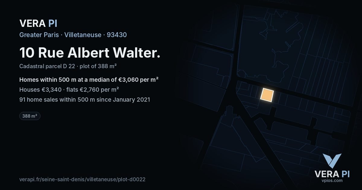 10 Rue Albert Walter, Villetaneuse at night – the plot lit, the parcels around coloured by the prices near them