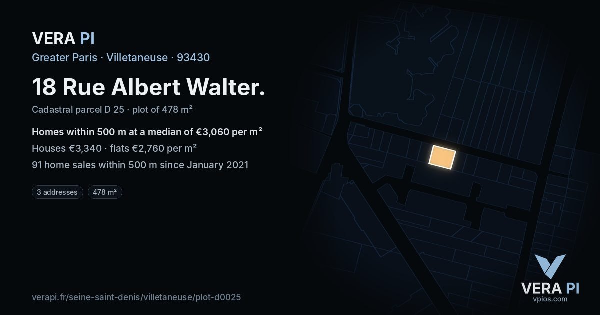 18 Rue Albert Walter, Villetaneuse at night – the plot lit, the parcels around coloured by the prices near them