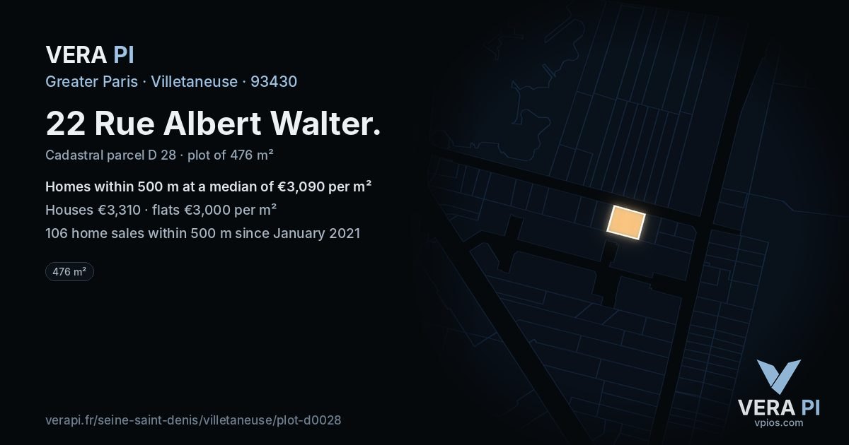22 Rue Albert Walter, Villetaneuse at night – the plot lit, the parcels around coloured by the prices near them