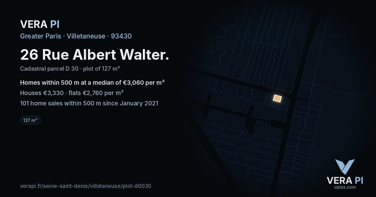 26 Rue Albert Walter, Villetaneuse at night – the plot lit, the parcels around coloured by the prices near them