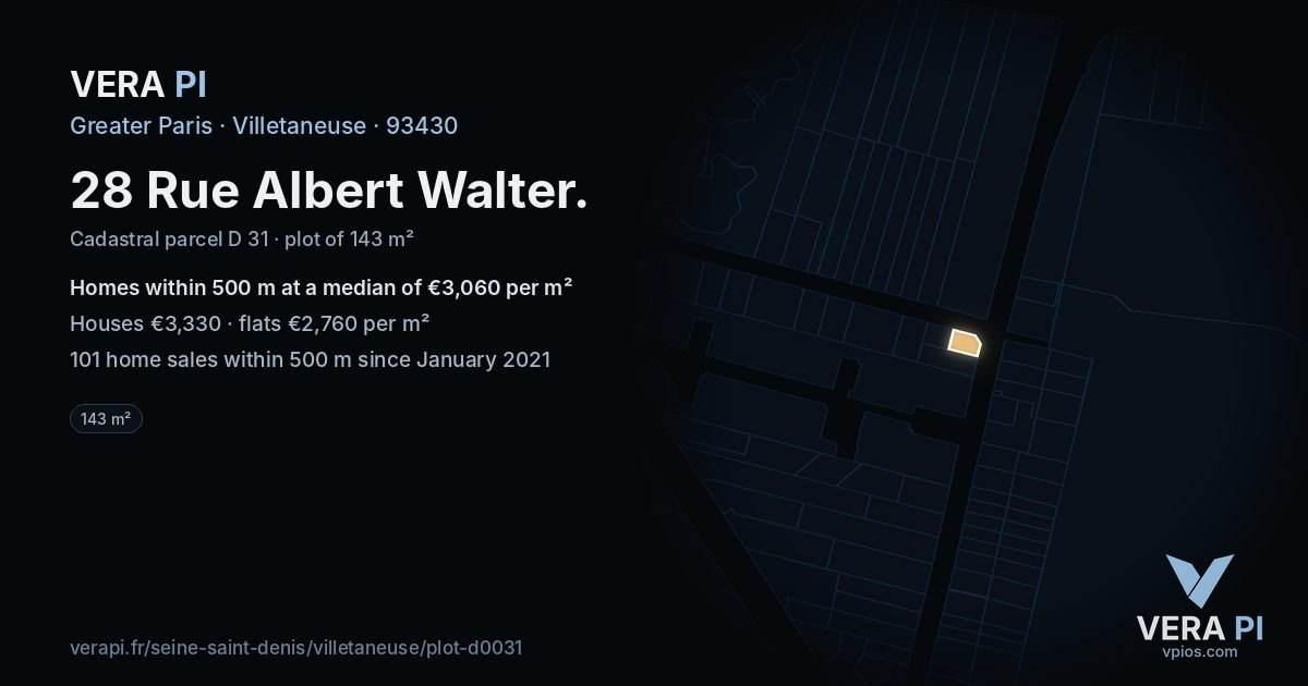 28 Rue Albert Walter, Villetaneuse at night – the plot lit, the parcels around coloured by the prices near them