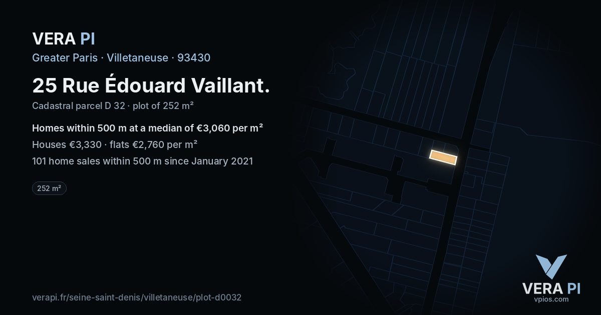 25 Rue Édouard Vaillant, Villetaneuse at night – the plot lit, the parcels around coloured by the prices near them