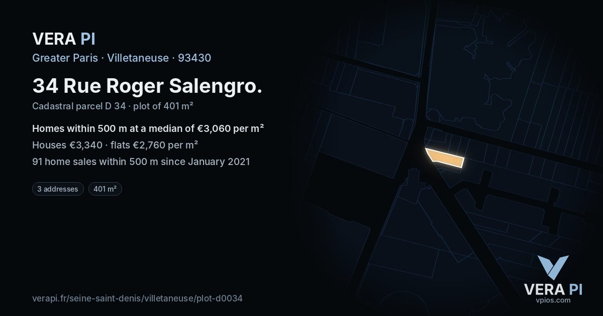 34 Rue Roger Salengro, Villetaneuse at night – the plot lit, the parcels around coloured by the prices near them