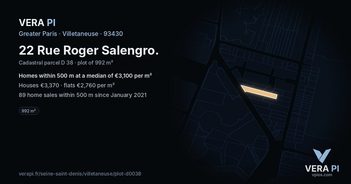 22 Rue Roger Salengro, Villetaneuse at night – the plot lit, the parcels around coloured by the prices near them