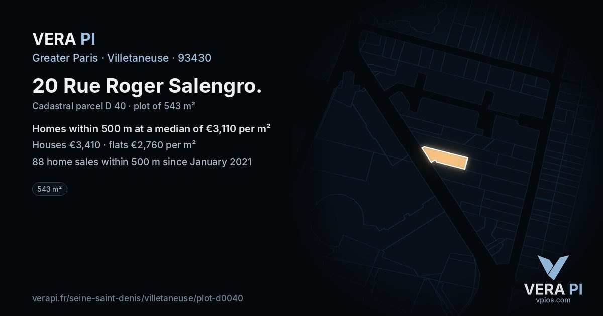 20 Rue Roger Salengro, Villetaneuse at night – the plot lit, the parcels around coloured by the prices near them