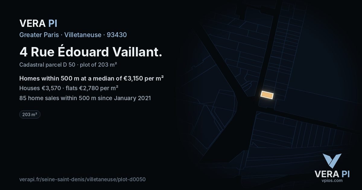 4 Rue Édouard Vaillant, Villetaneuse at night – the plot lit, the parcels around coloured by the prices near them