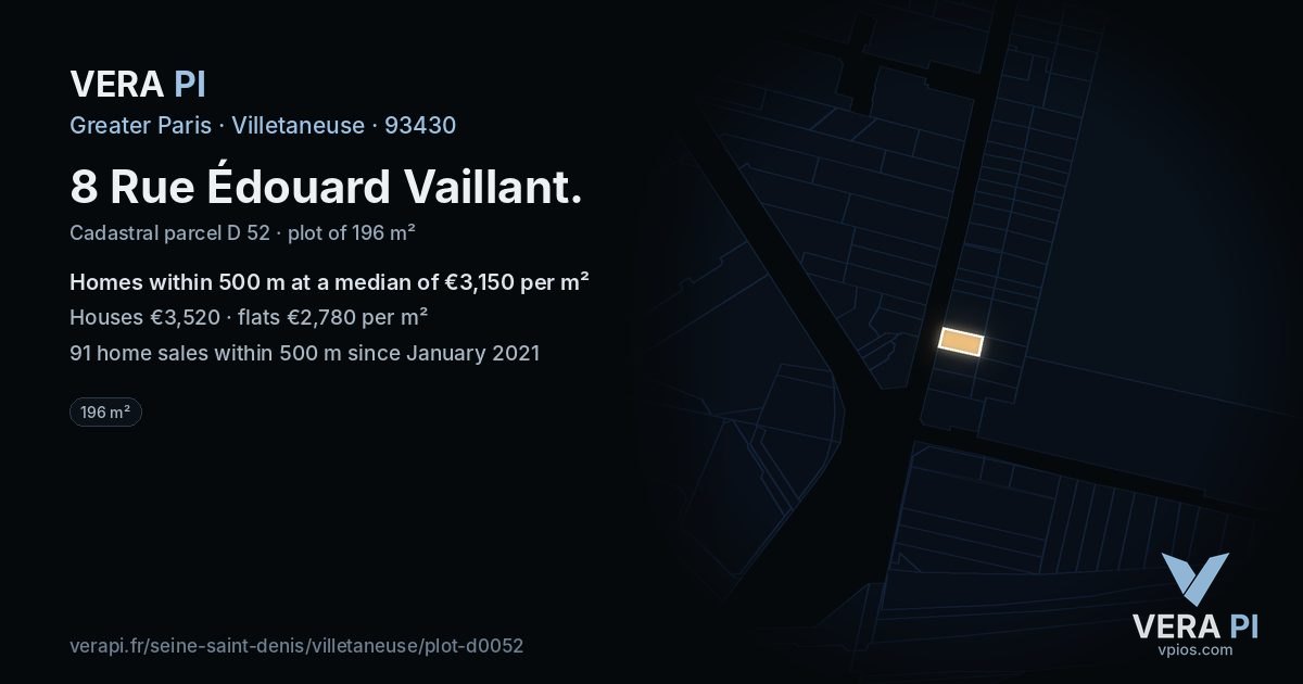 8 Rue Édouard Vaillant, Villetaneuse at night – the plot lit, the parcels around coloured by the prices near them