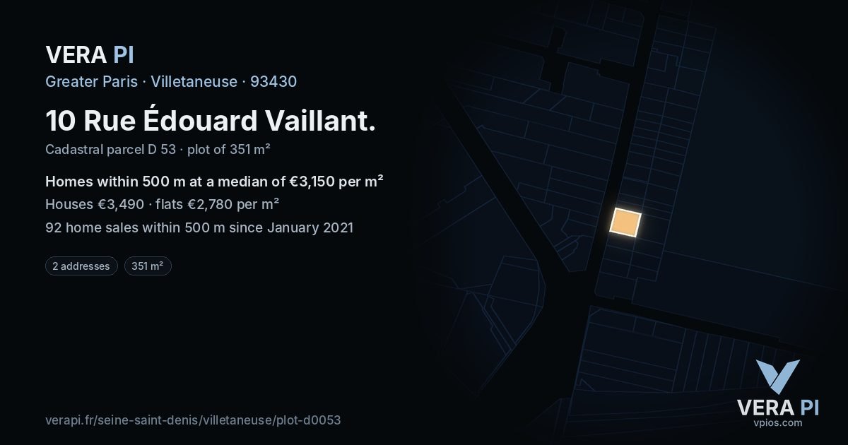 10 Rue Édouard Vaillant, Villetaneuse at night – the plot lit, the parcels around coloured by the prices near them