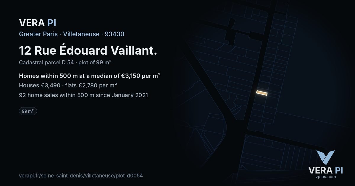 12 Rue Édouard Vaillant, Villetaneuse at night – the plot lit, the parcels around coloured by the prices near them