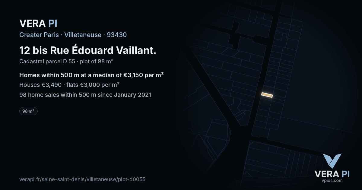 12 bis Rue Édouard Vaillant, Villetaneuse at night – the plot lit, the parcels around coloured by the prices near them