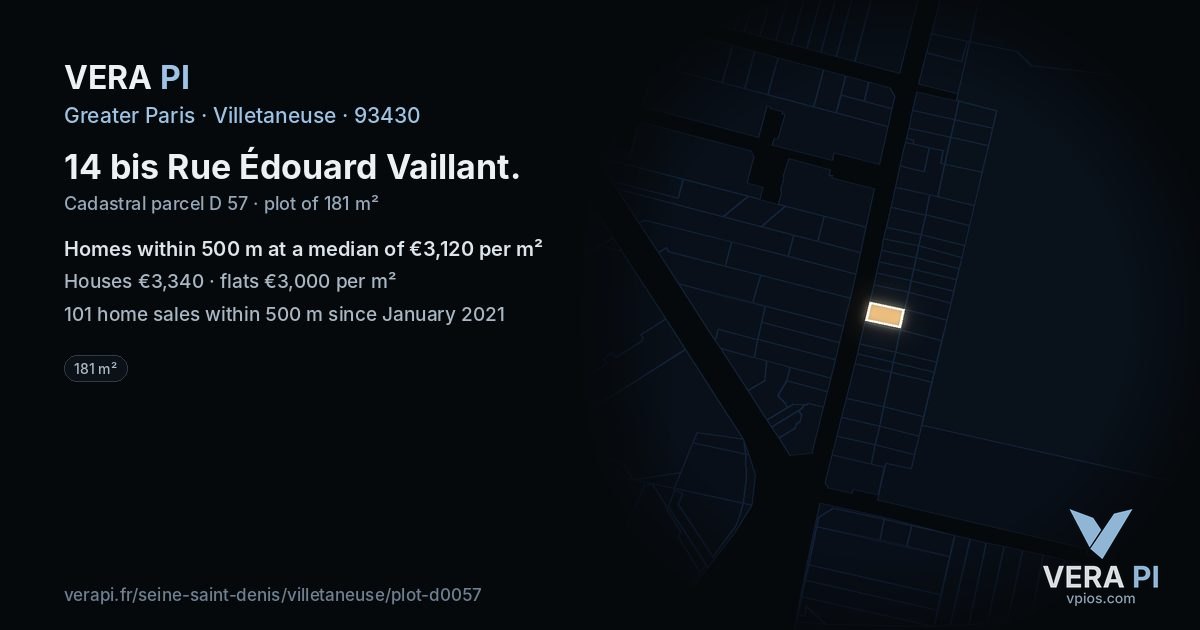 14 bis Rue Édouard Vaillant, Villetaneuse at night – the plot lit, the parcels around coloured by the prices near them