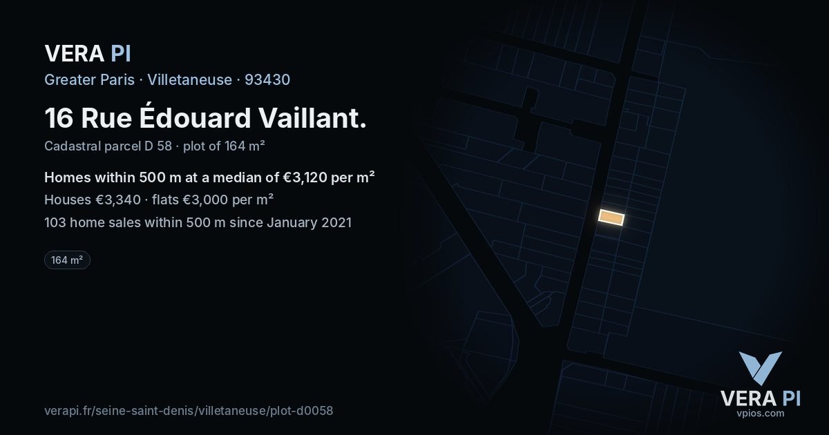 16 Rue Édouard Vaillant, Villetaneuse at night – the plot lit, the parcels around coloured by the prices near them
