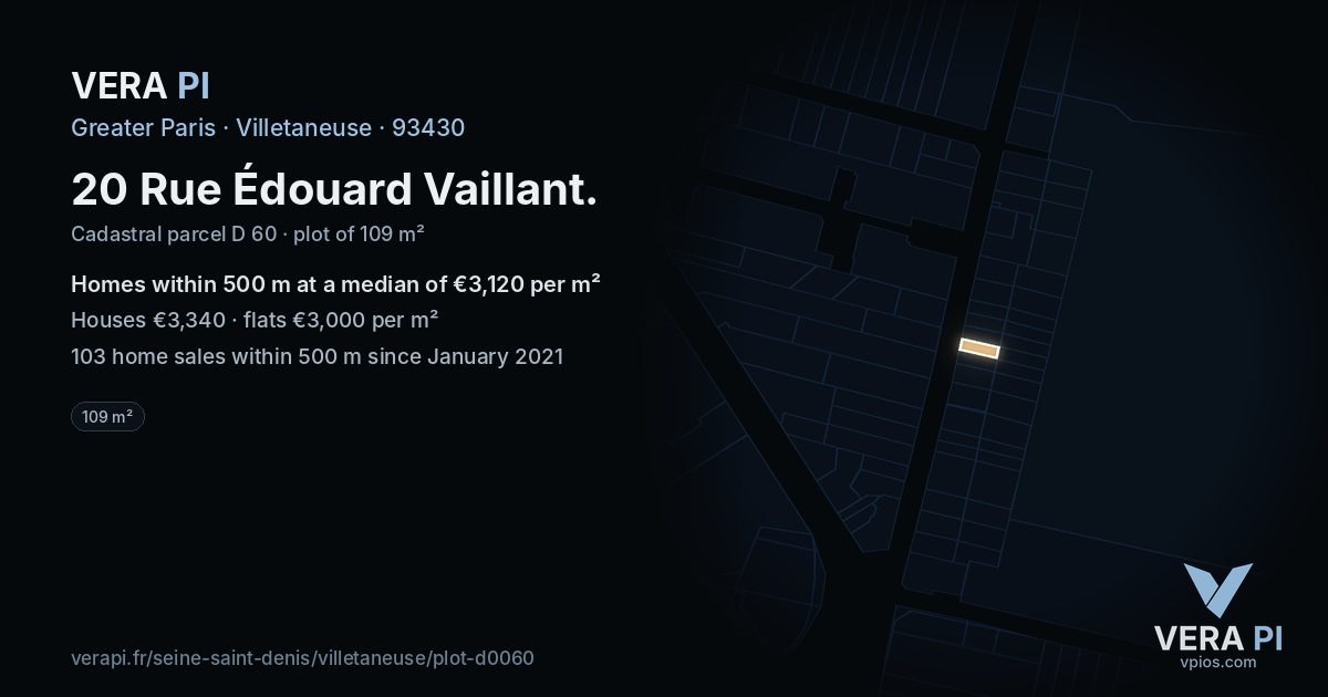 20 Rue Édouard Vaillant, Villetaneuse at night – the plot lit, the parcels around coloured by the prices near them
