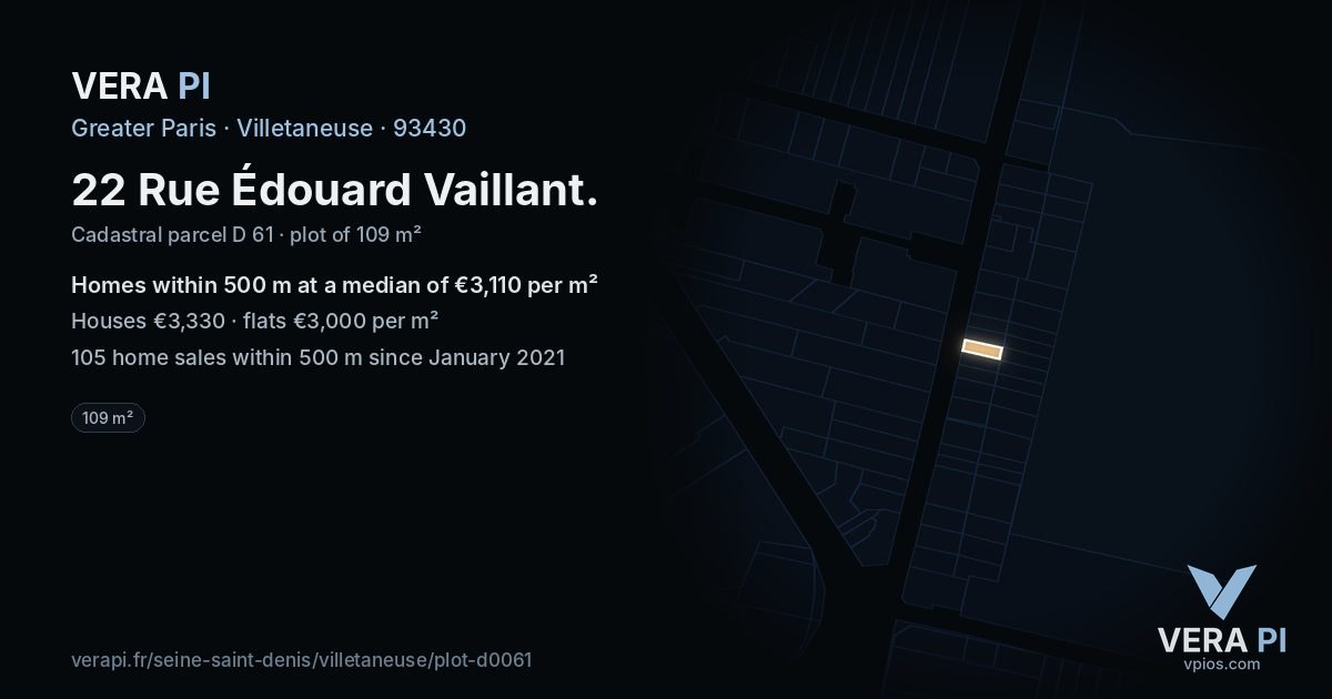 22 Rue Édouard Vaillant, Villetaneuse at night – the plot lit, the parcels around coloured by the prices near them