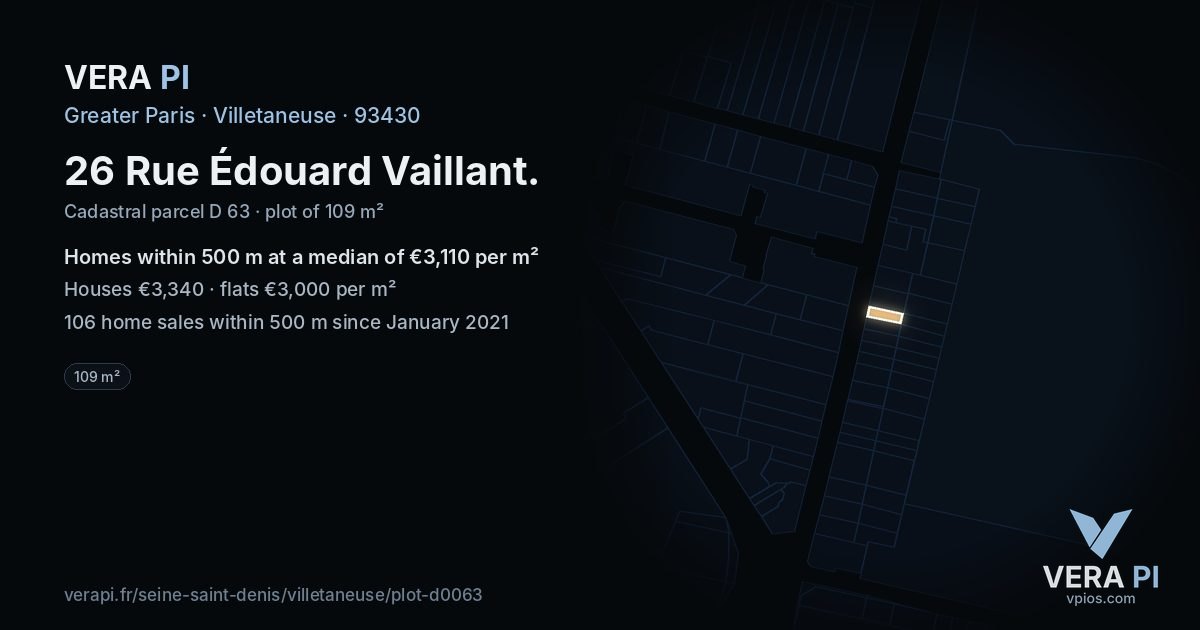 26 Rue Édouard Vaillant, Villetaneuse at night – the plot lit, the parcels around coloured by the prices near them