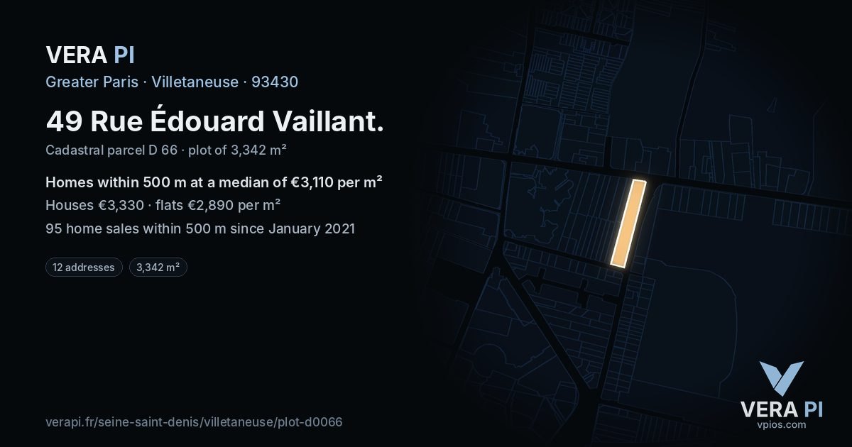 49 Rue Édouard Vaillant, Villetaneuse at night – the plot lit, the parcels around coloured by the prices near them