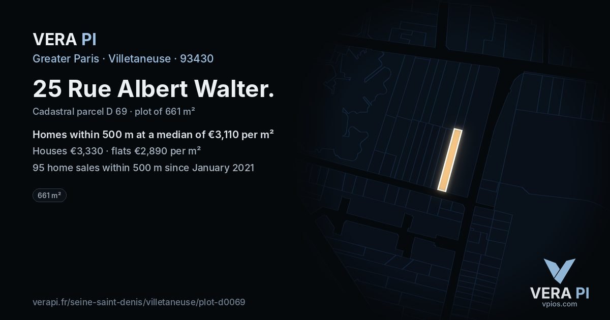 25 Rue Albert Walter, Villetaneuse at night – the plot lit, the parcels around coloured by the prices near them