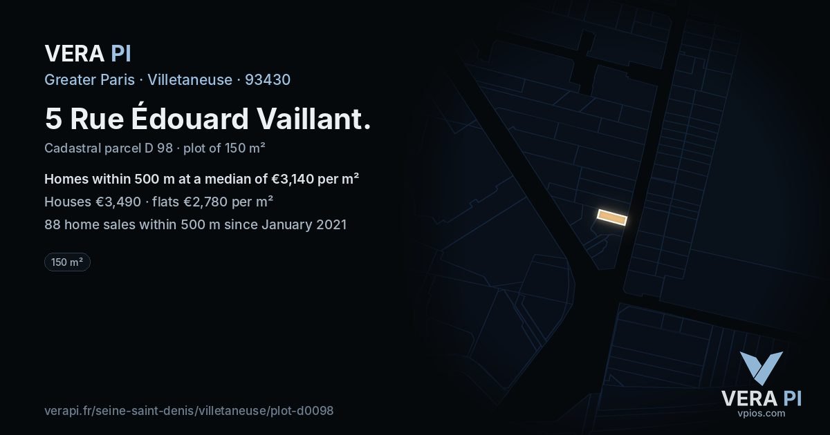 5 Rue Édouard Vaillant, Villetaneuse at night – the plot lit, the parcels around coloured by the prices near them