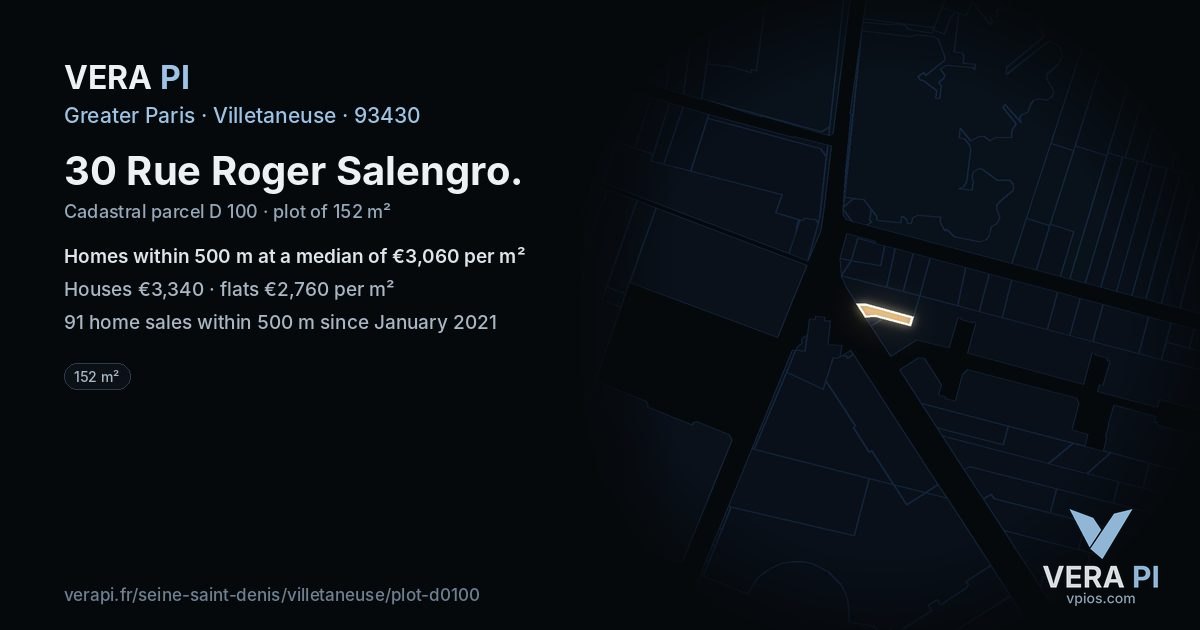 30 Rue Roger Salengro, Villetaneuse at night – the plot lit, the parcels around coloured by the prices near them