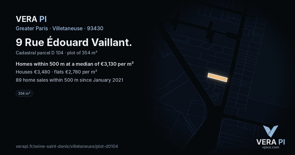 9 Rue Édouard Vaillant, Villetaneuse at night – the plot lit, the parcels around coloured by the prices near them