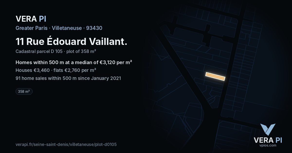 11 Rue Édouard Vaillant, Villetaneuse at night – the plot lit, the parcels around coloured by the prices near them