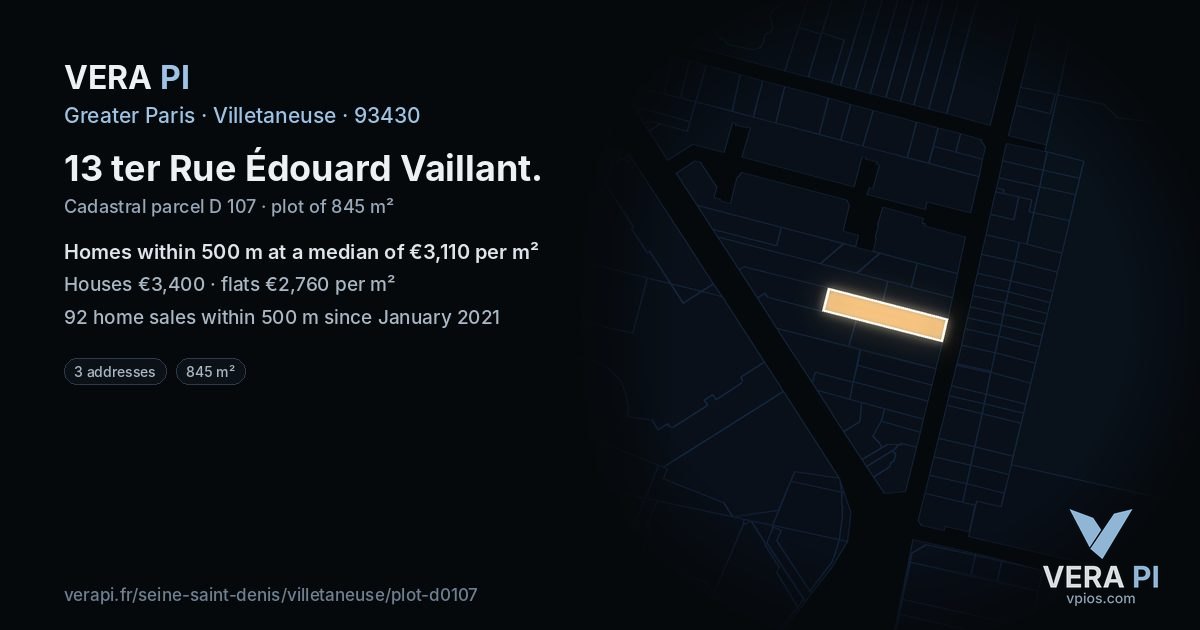 13 ter Rue Édouard Vaillant, Villetaneuse at night – the plot lit, the parcels around coloured by the prices near them