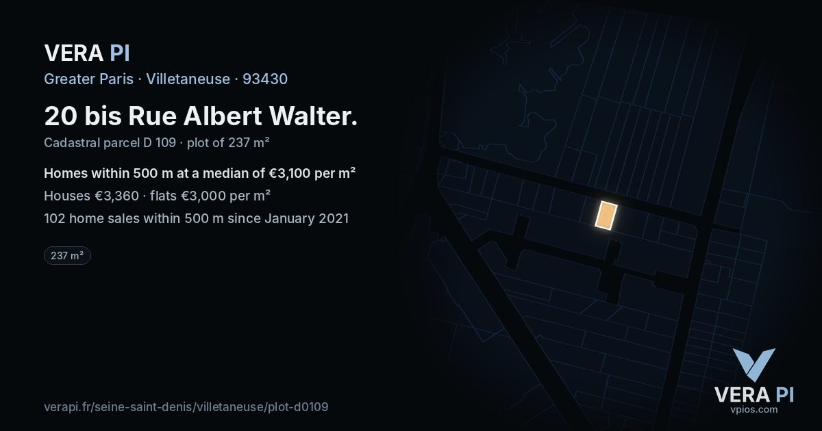 20 bis Rue Albert Walter, Villetaneuse at night – the plot lit, the parcels around coloured by the prices near them