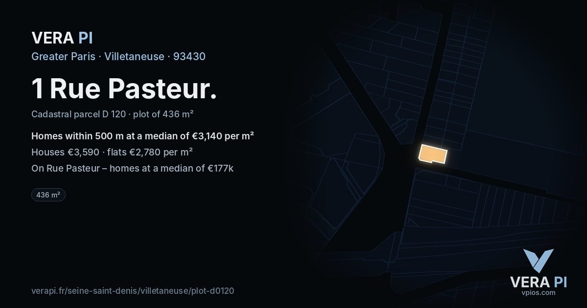 1 Rue Pasteur, Villetaneuse at night – the plot lit, the parcels around coloured by the prices near them