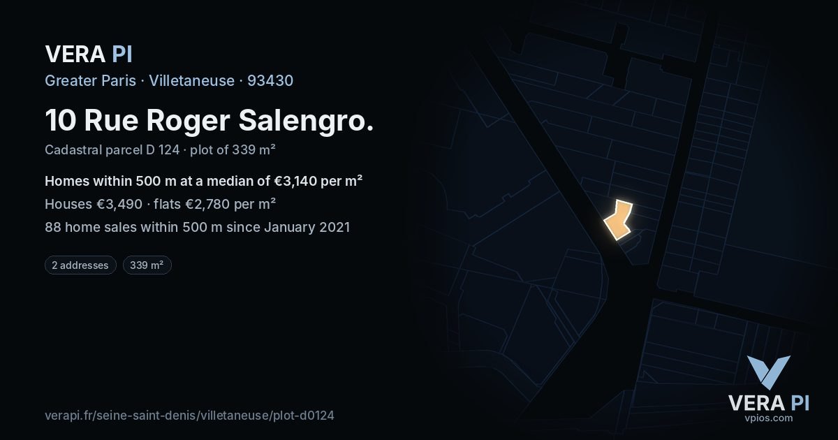 10 Rue Roger Salengro, Villetaneuse at night – the plot lit, the parcels around coloured by the prices near them