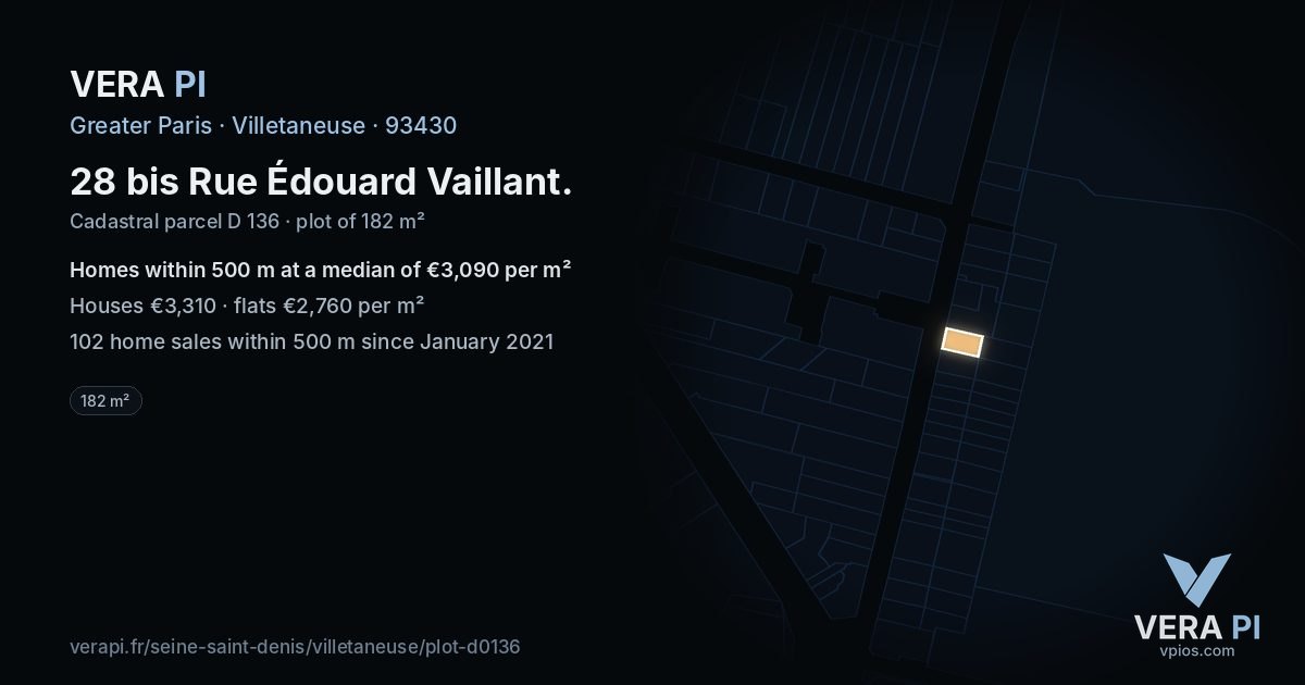 28 bis Rue Édouard Vaillant, Villetaneuse at night – the plot lit, the parcels around coloured by the prices near them