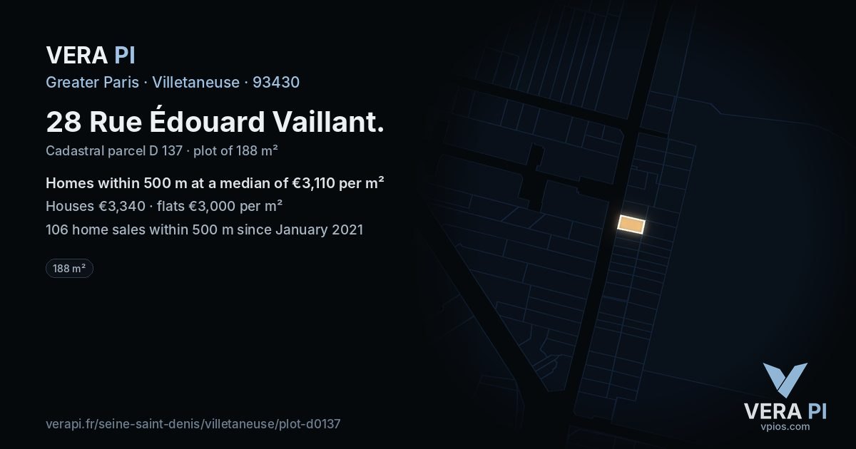 28 Rue Édouard Vaillant, Villetaneuse at night – the plot lit, the parcels around coloured by the prices near them
