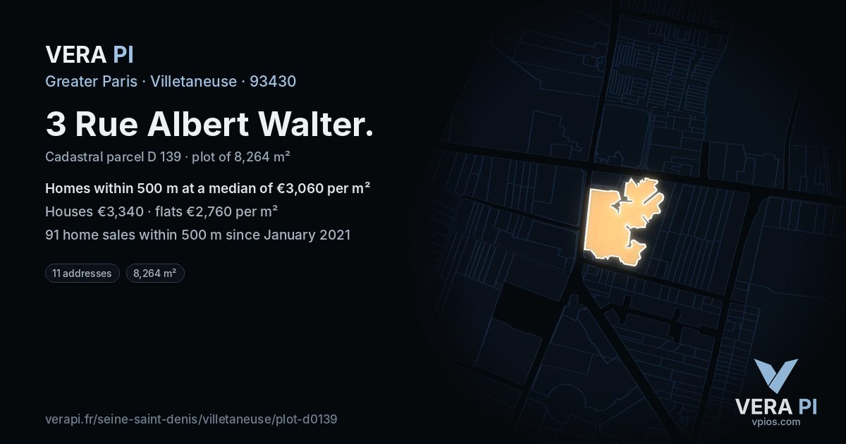 3 Rue Albert Walter, Villetaneuse at night – the plot lit, the parcels around coloured by the prices near them