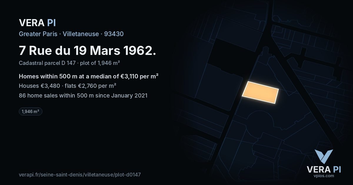7 Rue du 19 Mars 1962, Villetaneuse at night – the plot lit, the parcels around coloured by the prices near them