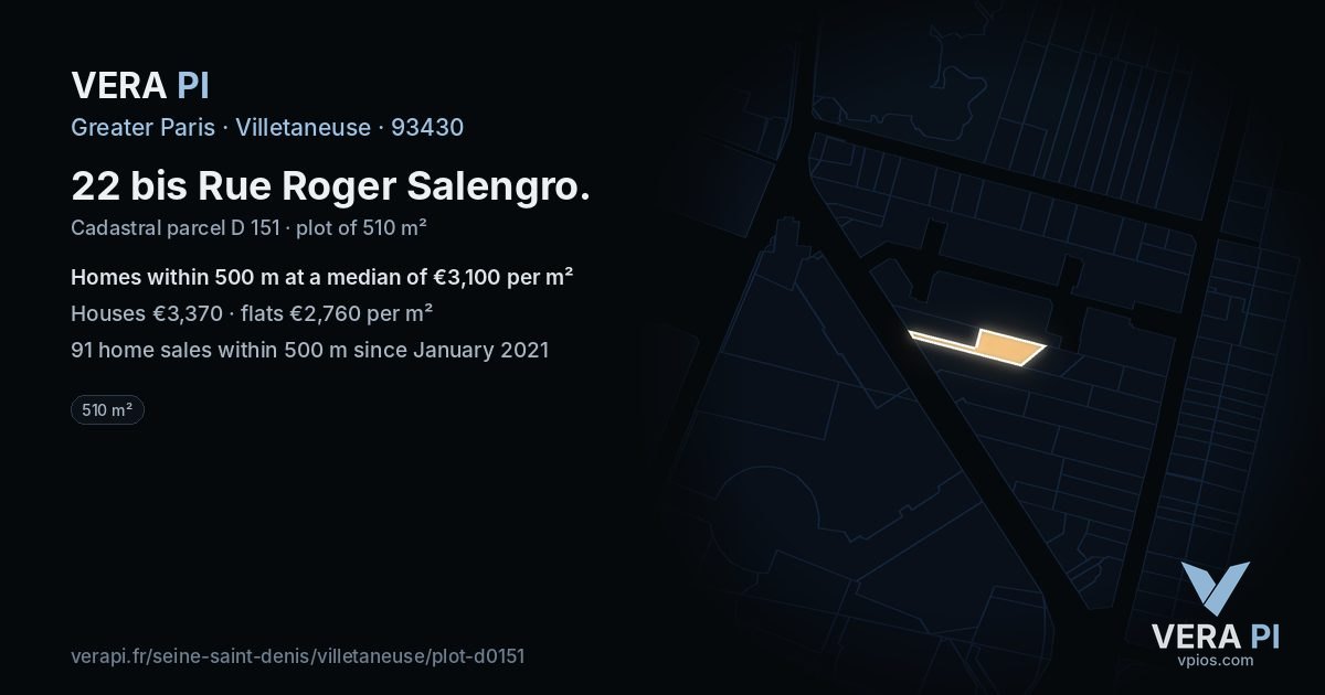 22 bis Rue Roger Salengro, Villetaneuse at night – the plot lit, the parcels around coloured by the prices near them