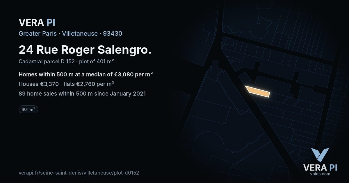 24 Rue Roger Salengro, Villetaneuse at night – the plot lit, the parcels around coloured by the prices near them