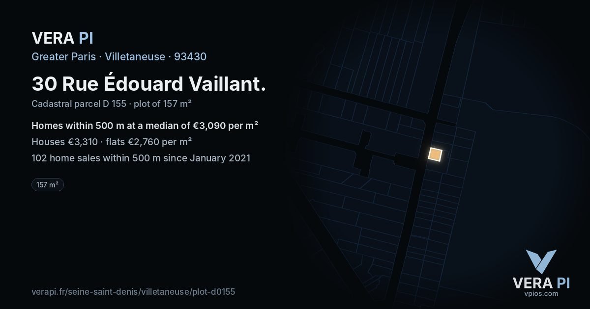 30 Rue Édouard Vaillant, Villetaneuse at night – the plot lit, the parcels around coloured by the prices near them