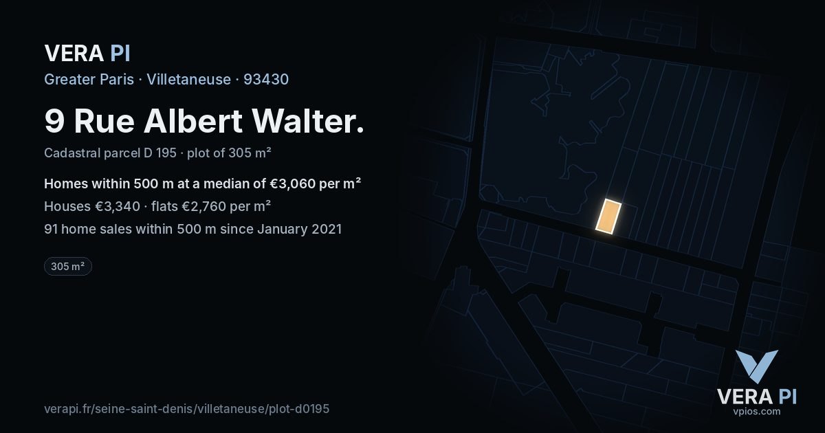 9 Rue Albert Walter, Villetaneuse at night – the plot lit, the parcels around coloured by the prices near them